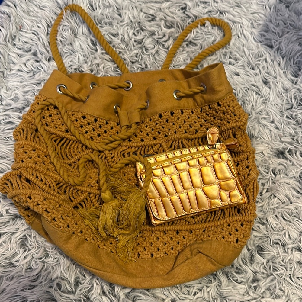 Boho Macrame Mustard With Faux Croc Wallet